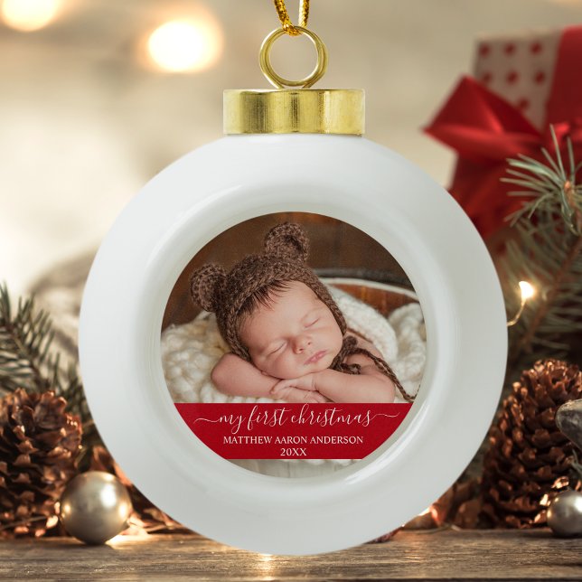 Stylish Script My First Christmas Baby Red Ceramic Ball Christmas Ornament (Customize to change text size or style.)