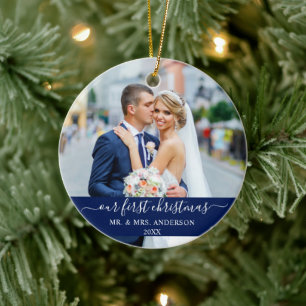 Stylish Script Our First Christmas Blue Ceramic Tree Decoration