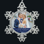 Stylish Script Our First Christmas Blue Snowflake Pewter Christmas Ornament<br><div class="desc">Elegant Stylish Trendy Script Our First Christmas Wedding Photo Blue Snowflake Ornament</div>