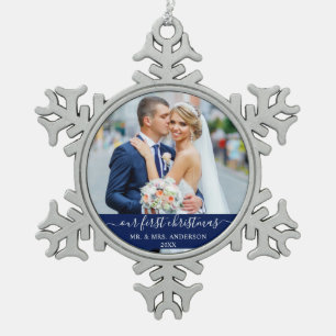 Stylish Script Our First Christmas Blue Snowflake Pewter Christmas Ornament
