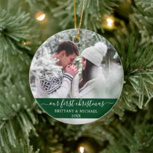 Stylish Script Our First Christmas Couple Green Ceramic Tree Decoration