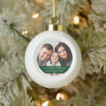 Stylish Script Our First Christmas Family Green Ceramic Ball Christmas Ornament<br><div class="desc">Elegant Stylish Trendy Script Our First Christmas Family Photo Green Ornament</div>