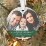 Stylish Script Our First Christmas Family Green Ornament<br><div class="desc">Elegant Stylish Trendy Script Our First Christmas Family Photo Green Ornament with Snowflakes back</div>