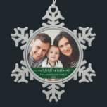 Stylish Script Our First Christmas Family Green Snowflake Pewter Christmas Ornament<br><div class="desc">Elegant Stylish Trendy Script Our First Christmas Family Photo Green Snowflake Ornament</div>