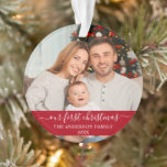 Stylish Script Our First Christmas Family Red Ornament<br><div class="desc">Elegant Stylish Trendy Script Our First Christmas Family Photo Red Ornament with Snowflakes back</div>
