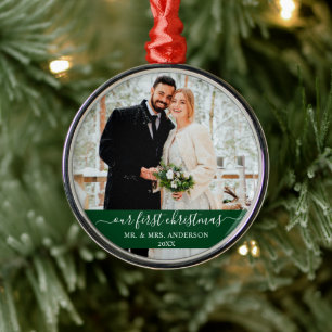 Stylish Script Our First Christmas Green Metal Tree Decoration