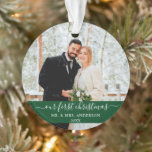 Stylish Script Our First Christmas Green Ornament<br><div class="desc">Elegant Stylish Trendy Script Our First Christmas Wedding Photo Green Ornament with Snowflakes back</div>