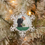 Stylish Script Our First Christmas Green Snowflake Pewter Christmas Ornament<br><div class="desc">Elegant Stylish Trendy Script Our First Christmas Wedding Photo Green Snowflake Ornament</div>