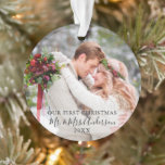 Stylish Script Our First Christmas Photo Names Ornament<br><div class="desc">Elegant Stylish Trendy Script Our First Christmas Mr. and Mrs. Wedding Photo Ornament</div>