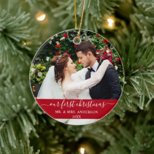 Stylish Script Our First Christmas Red Ceramic Tree Decoration