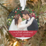 Stylish Script Our First Christmas Red Ornament<br><div class="desc">Elegant Stylish Trendy Script Our First Christmas Wedding Photo Red Ornament with Snowflakes back</div>
