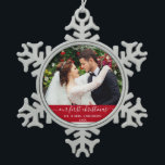Stylish Script Our First Christmas Red Snowflake Pewter Christmas Ornament<br><div class="desc">Elegant Stylish Trendy Script Our First Christmas Wedding Photo Red Snowflake Ornament</div>