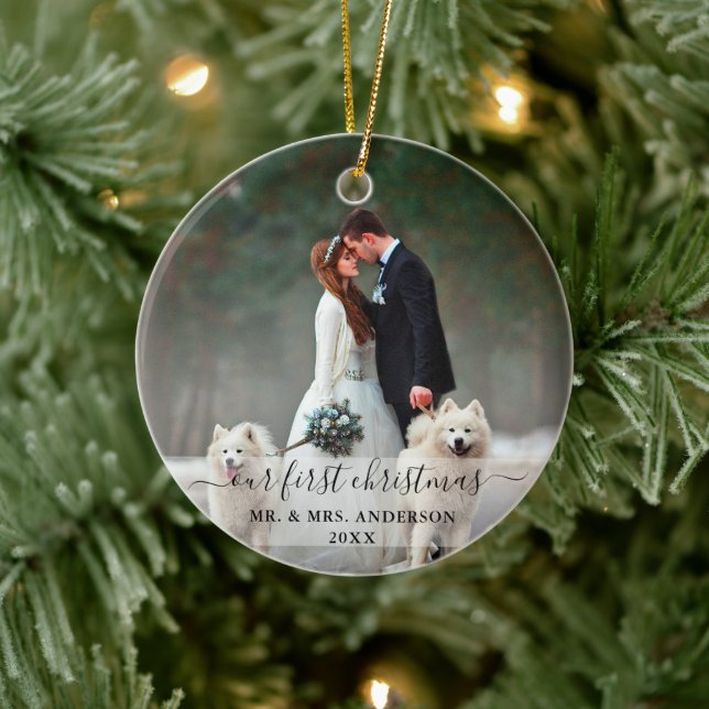 Stylish Script Our First Christmas Wedding Photo Ceramic Tree Decoration (Tree)