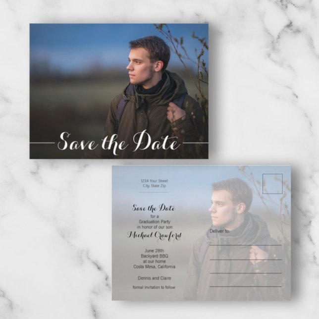 Stylish Script Photo Graduation Save the Date Postcard (Creator Uploaded)