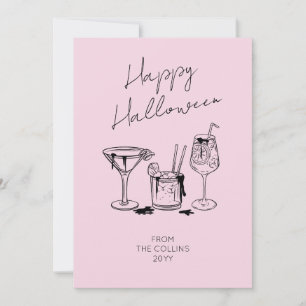 Stylish Script Pink Cocktails Happy Halloween Holiday Card