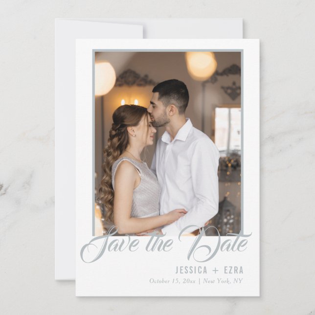 Stylish Script Silver and White | Photo Save The Date (Front)