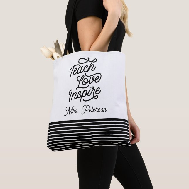 Stylish Script Teach Love Inspire Teacher Tote Bag (Close Up)