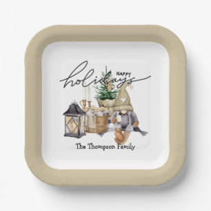 Stylish script Watercolor Santa White Beige Paper Plate