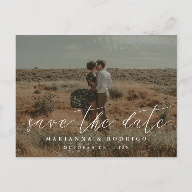 Stylish Script Wedding Photo Save the Date Postcard (Front)
