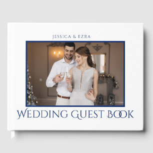 Stylish Script White and Blue   Photo Guest Book