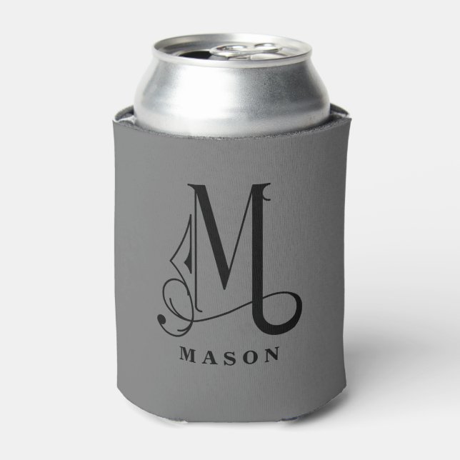 Stylish Scroll Letter M Monogram with Last Name Can Cooler (Can Front)