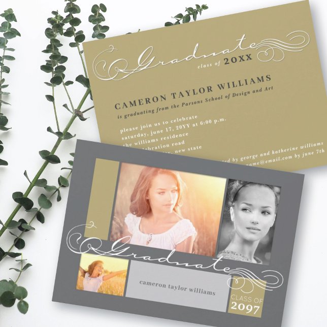 Stylish Scrolls 3 Photo Collage Graduation Party Invitation (Creator Uploaded)