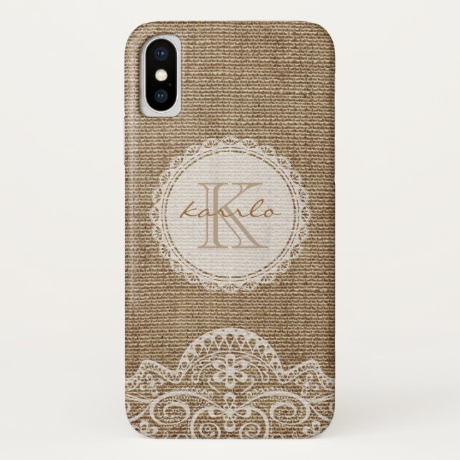 Stylish Shabby Rustic Burlap Ivory Lace Monogram Case-Mate iPhone Case (Back)