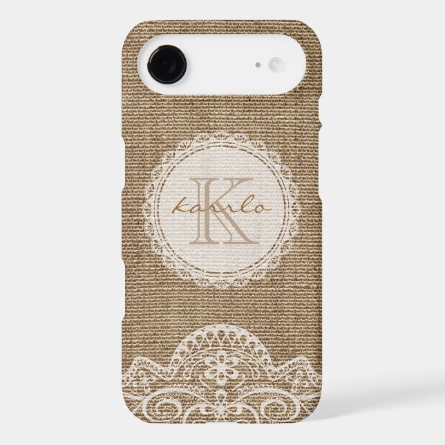 Stylish Shabby Rustic Burlap Ivory Lace Monogram Case-Mate iPhone Case (Back)