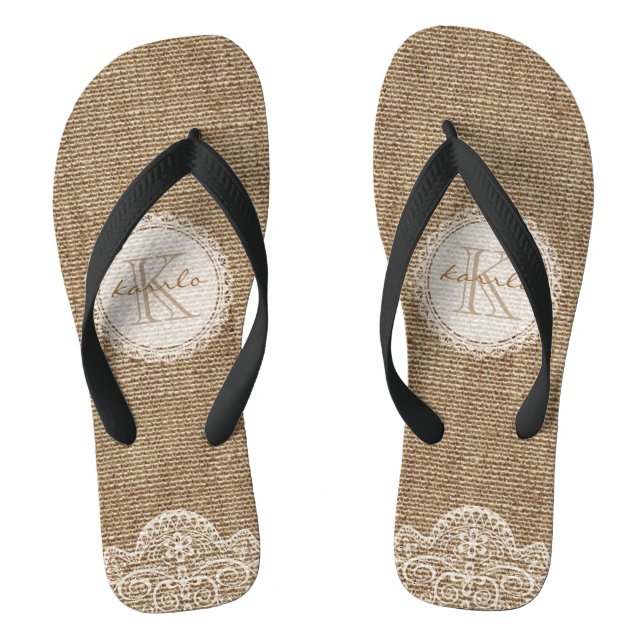 Stylish Shabby Rustic Burlap Lace Wedding Monogram Jandals (Footbed)