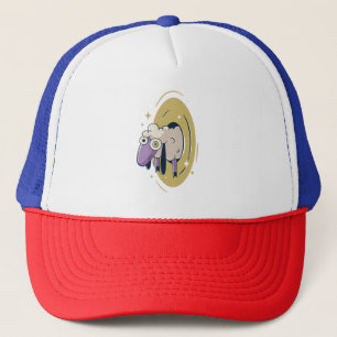 stylish sheep in a portal trucker hat