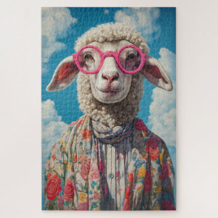 Stylish Sheep Pink Glasses Floral Attire Blue Sky Jigsaw Puzzle