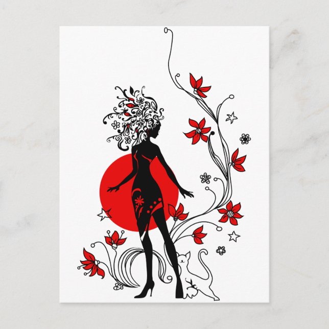 Stylish silhouette of elegant woman with sweet cat postcard (Front)