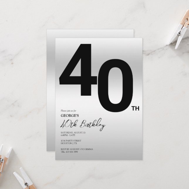 Stylish Silver 40th Birthday Party Invitation (Front/Back In Situ)