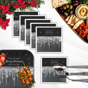 Stylish Silver and Black Merry Christmas Party Napkin