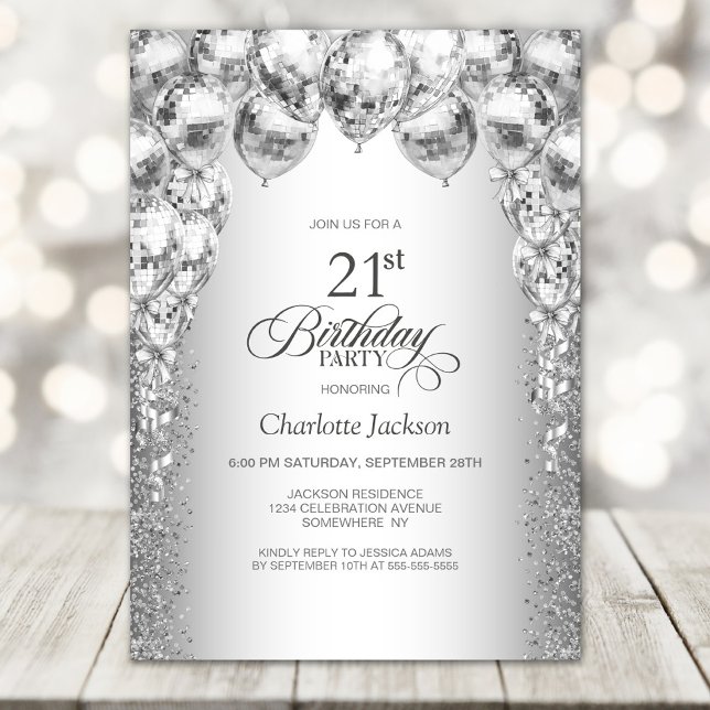 Stylish Silver Balloons 21st Birthday Party Invitation (Creator Uploaded)