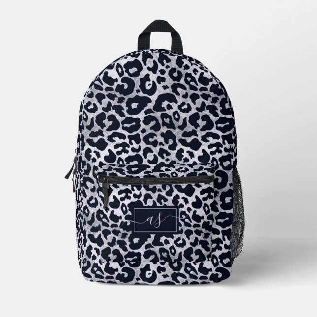 Stylish Silver Black Leopard Print Monogrammed Printed Backpack (Front)