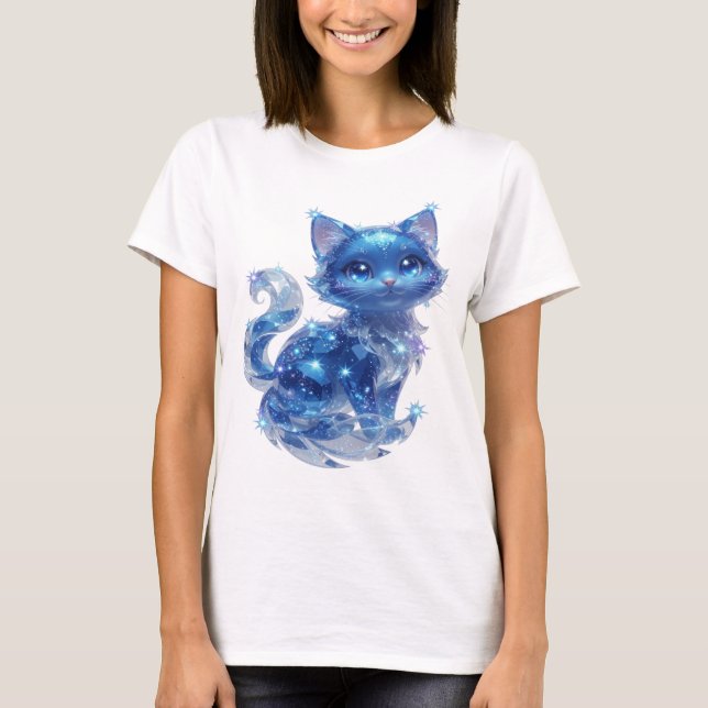 Stylish Silver BLUE STARS CAT Graphic Tee (Front)