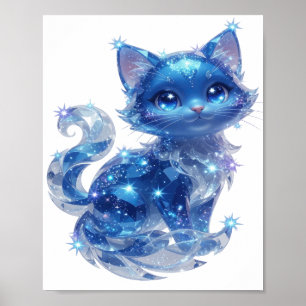 Stylish Silver BLUE STARS CAT Poster