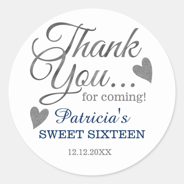 Stylish Silver Blue Sweet 16 Birthday Thank You   Classic Round Sticker (Front)