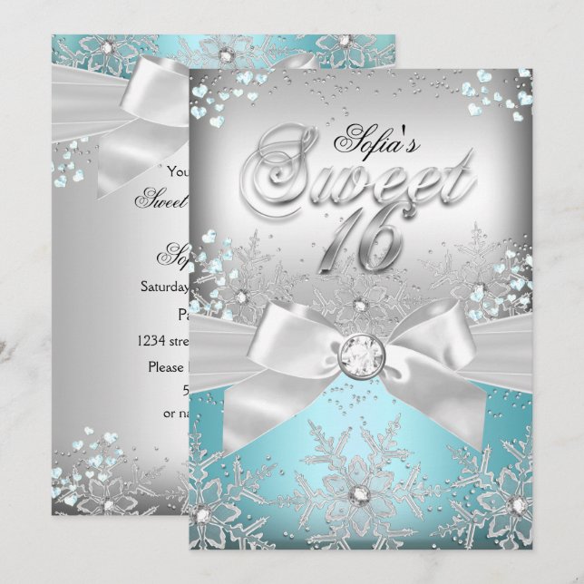 Stylish Silver Bow Blue Jewel Sweet Sixteen Invite (Front/Back)
