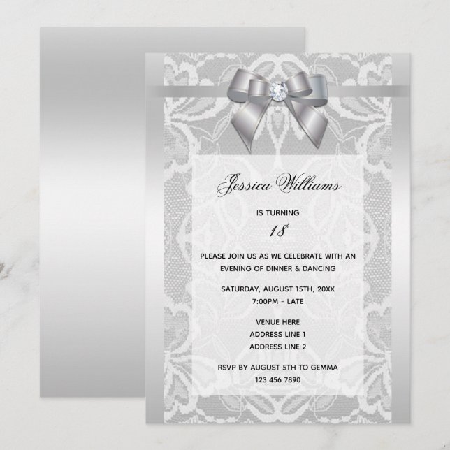 Stylish Silver Bow & Lace Birthday Invitation (Front/Back)
