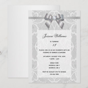 Stylish Silver Bow & Lace Birthday Invitation