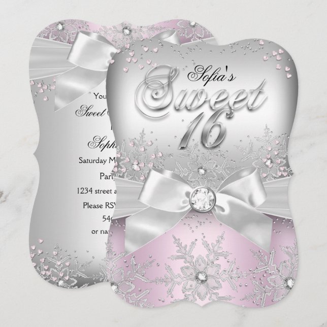 Stylish Silver Bow Pink Jewel Sweet Sixteen Invite (Front/Back)