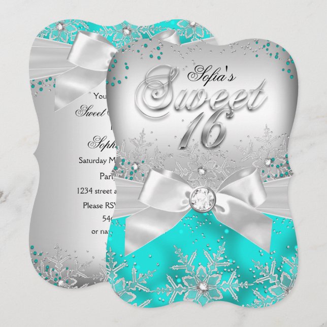 Stylish Silver Bow Teal Jewel Sweet Sixteen Invite (Front/Back)