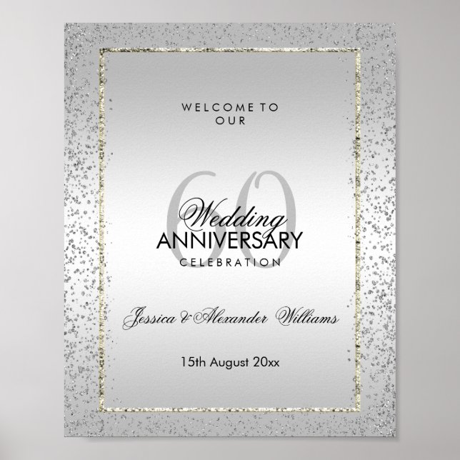 Stylish Silver Confetti 60th Diamond Wedding Poster (Front)