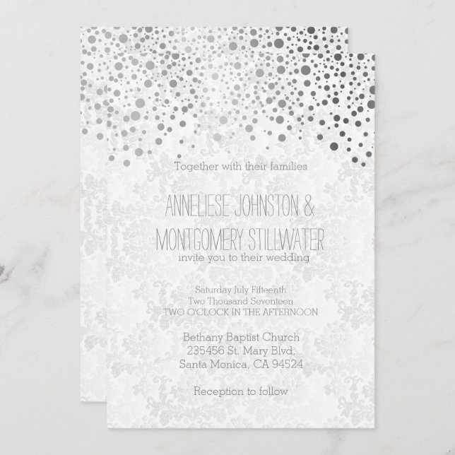 Stylish Silver Confetti Dots | White Invitation (Front/Back)
