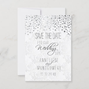 Stylish Silver Confetti Dots White Texture Save The Date