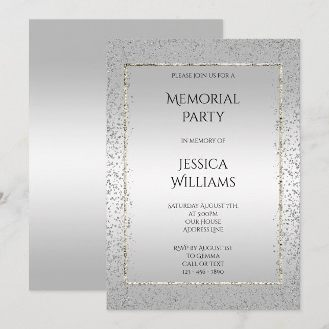 Stylish Silver Confetti Memorial Party Invitation (Front/Back)