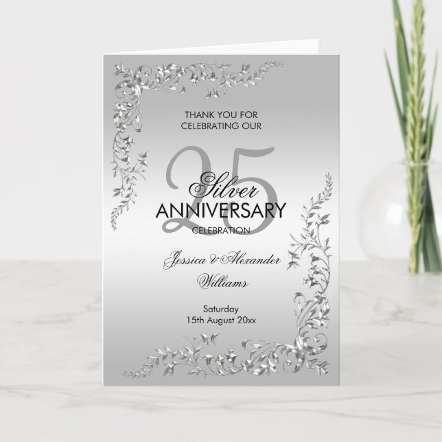 Stylish Silver Decoration Silver Anniversary Thank You Card (Front)