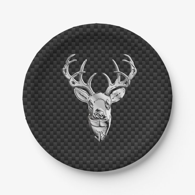 Stylish Silver Deer on Carbon Fibre Paper Plate (Front)